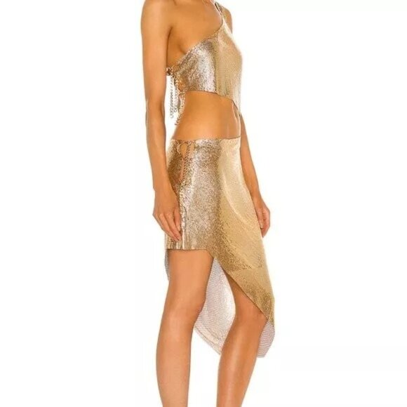 New Bronx and Banco Xenia One Shoulder Dress in Gold metallic chainmail cutout - Picture 5 of 11